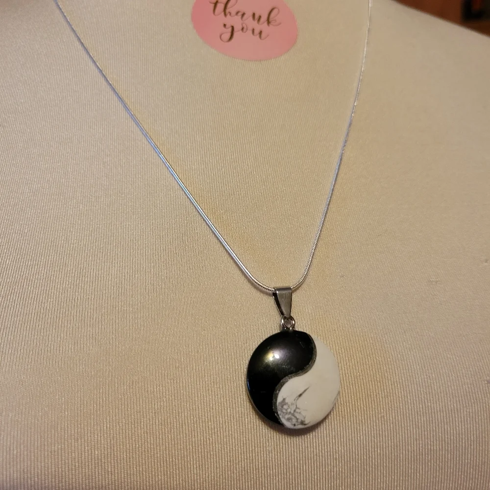 Stone Yin-Yang pendant on silver chain,  NWOT